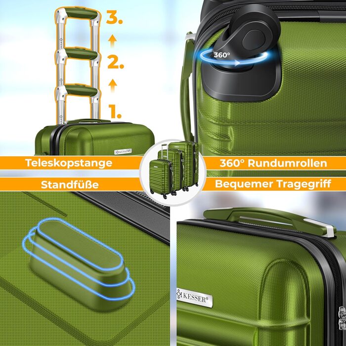 Набір валіз KESSER® з жорстким корпусом (S, M, L, XL) з вагами та білгетом, 4 колеса, ABS, телескопічна ручка, колір хакі