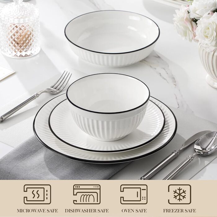 Набір посуду MALACASA LEILA для 6 осіб, 24 предмета: тарілки, миски, порцеляна, ручне рельєфне оформлення, підходить для мікрохвильової печі та посудомийної машини, білий з чорним контуром
