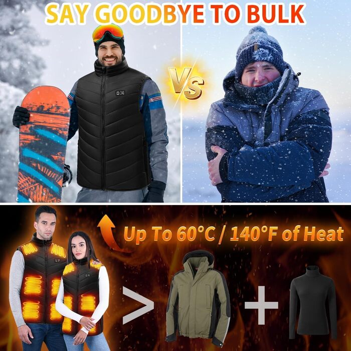 Обігріваюча жилетка для жінок та чоловіків з акумулятором 27000 mAh/7.4V, 17 зон обігріву, 3 режими температури, чорна, M-L