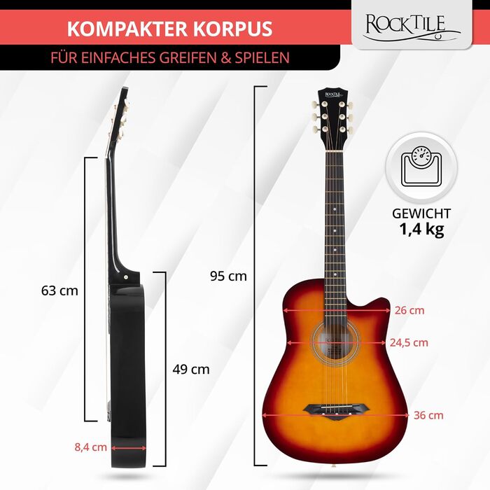 Rocktile WSD-5C-SB: Акустична гітара Westerngitarre Slim Line Dreadnought - Комплект з чохлом, струнами, ременем та медіатором - Sunburst