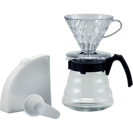 Кавовий набір Hario V60: пластиковий дрипер, скляний сервер, мірна ложка, фільтри, боросилікат, чорний, розмір 2