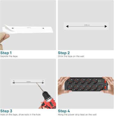 Многорозетка з USB, 11 розеток, з вимикачем, 2 USB-A та 2 USB-C порти, 4000W, 16A, 2M кабель, для дому, школи, офісу - Чорний