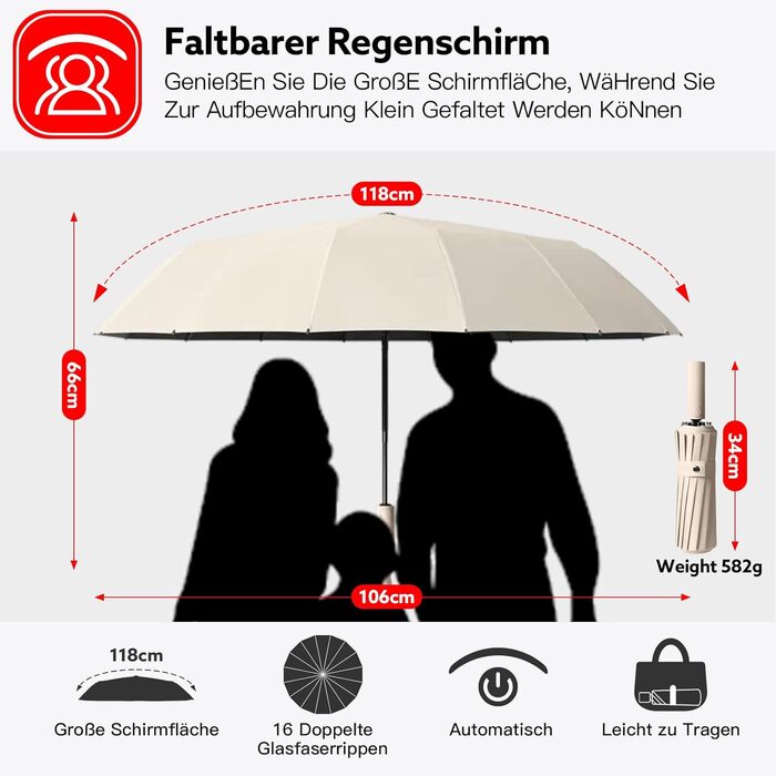 Стійкий до вітру парасолька-тростина, автоматичний, великий, 16 ребер, тефлонове покриття, захист від УФ, бежевий