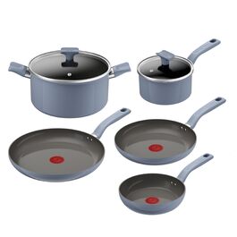 Набір посуду Tefal CERA BRIGHT ON 7 предметів: сковорідки 20/24/28 см, каструля 16 см, каструля 24 см + кришки. Керамічне антипригарне покриття, алюмінієвий корпус, індикатор нагріву Thermo-Signal, для всіх типів плит, бежевий (блакитний)