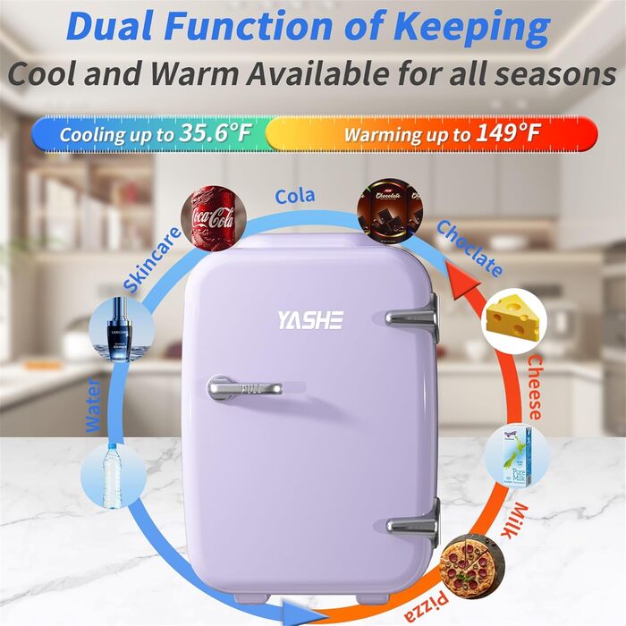 Міні-холодильник YASHE, 4 літри, для косметики та напоїв, 220V AC/ 12V DC, термоелектричне охолодження та підігрів, для спальні, офісу, гуртожитку, авто (фіолетовий)