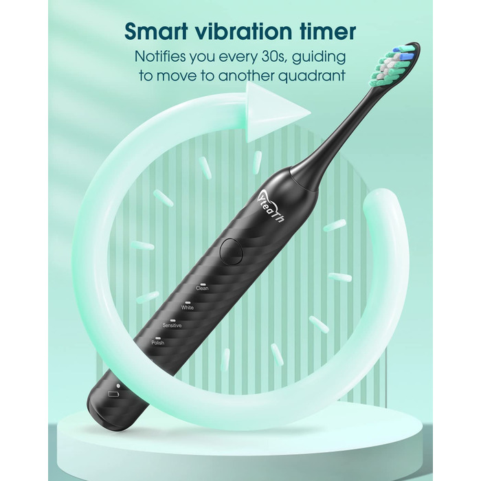 Електрична зубна щітка для дорослих з 6 насадками, перезаряджувана звукова щітка, чорна (1 шт.)