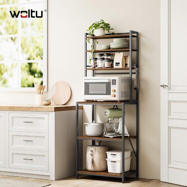 Стелаж кухонний Woltu з 6 полицями, з гачками, з металу та інженерної деревини, 60 x 167 x 40 см, рустичний коричнево-чорний