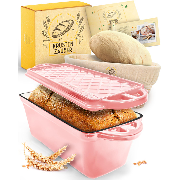 Форма для випічки хліба Krustenzauber емальована з кришкою та кошиком для бродіння, 28 см - Чавунна форма для хліба, кексів, тостів, рожева