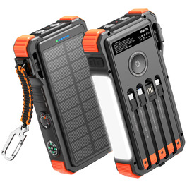 Портативний зарядний акумулятор BLAVOR Solar 20000mAh з кабелем, 20W, сонячний, USB-C, для телефонів та Apple Watch, з ліхтариком та карабіном, оранжевий