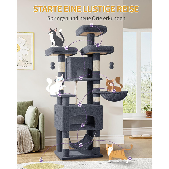 Кігтеточка для котів Hzuaneri, 176 см, XL, 3 платформи, 2 печери, 7 кігтеточних стовпів, гамак, плюшеві кульки, для багатокотових домівок, темно-сірий MS17618SG