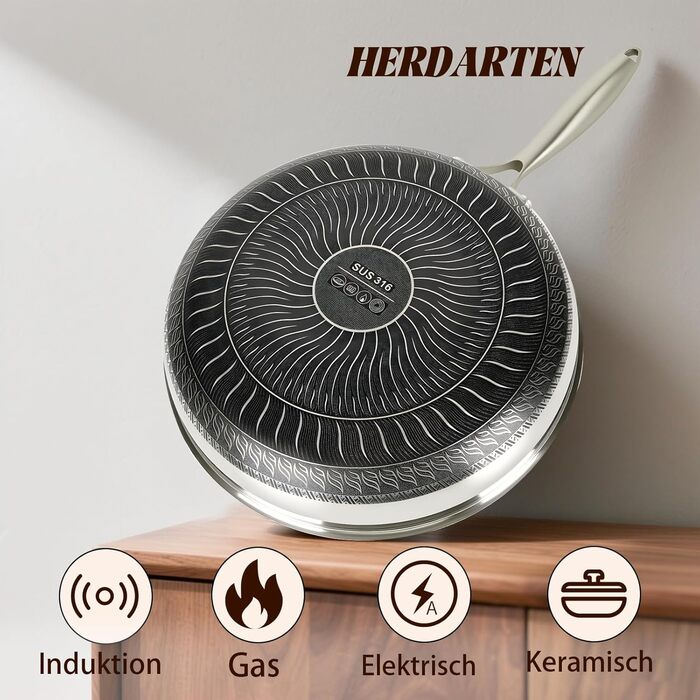 Сковорода з антипригарним покриттям 24 см з кришкою, нержавіюча сталь, безпечна для здоров'я, сумісна з усіма плитами, посуд без PFOA, срібна