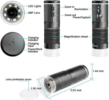 Цифровий мікроскоп Jiusion WiFi USB з HD роздільною здатністю, 50-1000x, бездротова підсвітка, ендоскоп, 8 LED, мінікамера зі штативом, сумка, сумісний з iOS, Android, Windows, Mac