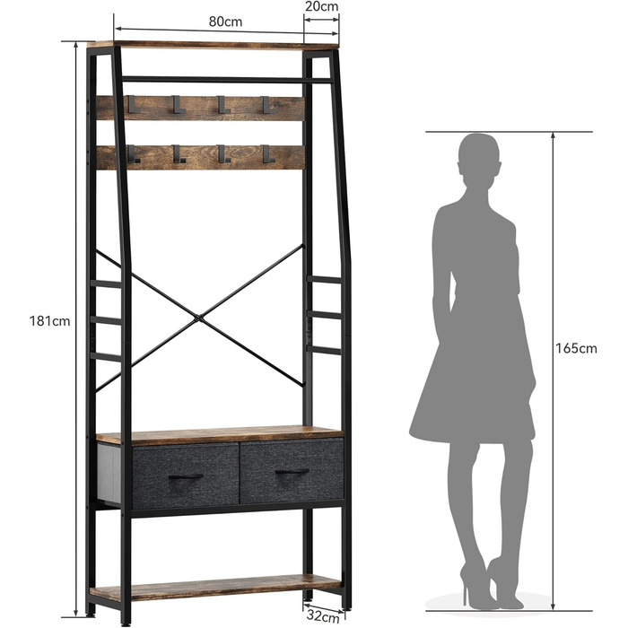 YITAHOME Entryway Storage Bench with Shoe Cabinet, Freestanding Mudroom Bench with Bank and 2 Folding Drawers, Industrial Coat Rack with 8 Hooks for Entryway Living Room Bedroom, Metal Frame, Rustic Brown