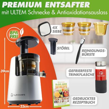 Соковитискач Nutrilovers NUTRI-PRESS MAX для цілих фруктів, холодного віджиму, шнековий, BPA-free, з широкою горловиною 135 мм, у комплекті пляшка та книга рецептів