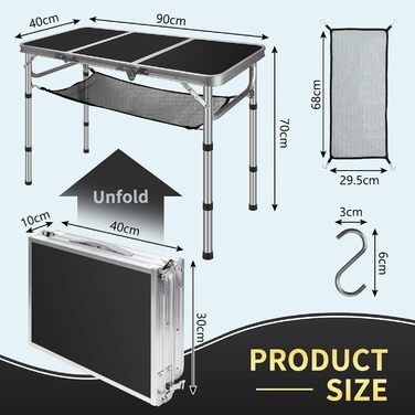 Складаний туристичний стіл CPROSP 90x40 см, чорний, регулювання висоти 26-70 см