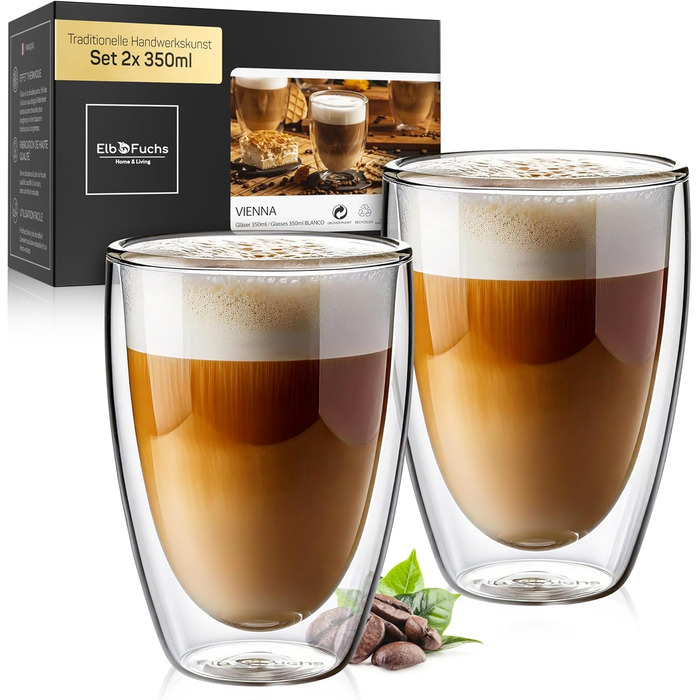 Склянки для лате макіато з подвійними стінками [4x EXTRA великі] | 4 склянки | 350 мл | Для кави, чаю, капучіно | Vienna Set2