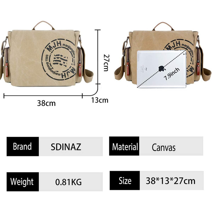 SDINAZ Leinwand Messenger Bag: Сумка-месенджер на плечі для iPad 7.9 дюймів, унісекс, з тканини для яхтингу, для роботи та подорожей, Army Green (Kaki)