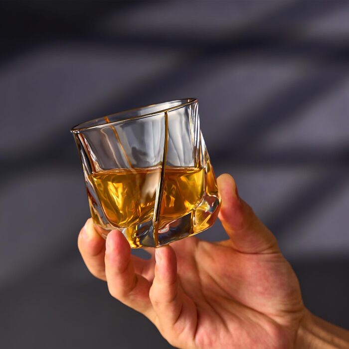 Glskey Crystal Whiskey Glasses Set - 4 Pack, 350ml Lead-Free - For Whiskey, Rum, Vodka, Gin, Scotch, Cognac & Water - Dishwasher Safe, Distorted Shape