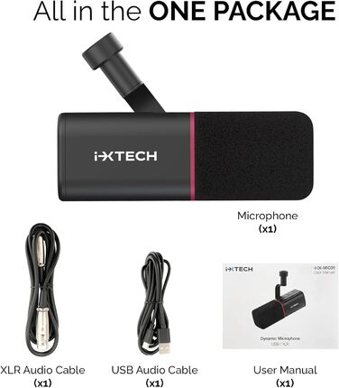 IXTECH Динамічний мікрофон з нирковою характеристикою RGB для студії, стримінгу та запису. USB/XLR, регулювання Gain, для подкастів та вокалу. Білий (M, Black)