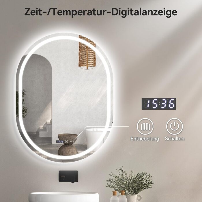 Дзеркало для ванної кімнати YOURLITE з підсвічуванням, 60 см, LED, сенсорне керування, 3 кольори світла, регулювання яскравості, антизапар, пам'ять, годинник, овальне, білий