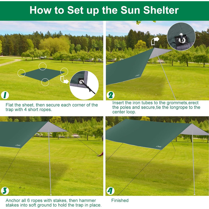 Тент для кемпінгу WADEO, 4x3 м, водовідштовхувальний, з кілочками та мотузками, ультралегкий, для відпочинку на природі, хакі (зелений)