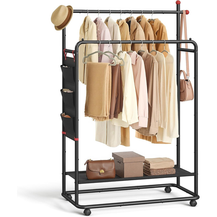 SONGMICS HOME Rolling Garment Rack, Coat Rack, 2 Clothes Rods, Shelf, Side Organizer, Match-Shaped Hooks, Stable, Bedroom, Hallway, Ink Black HSR171B01