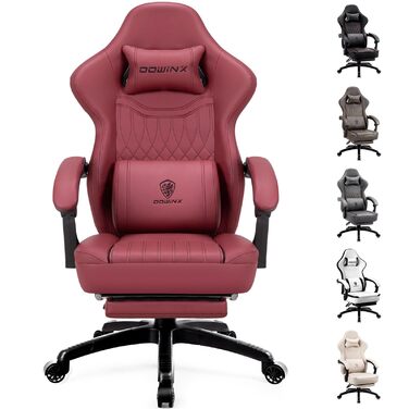 Ігровий крісло Dowinx з пружинним сидінням та масажем попереку, ергономічний геймерський крісло з підніжкою, офісне крісло з PU шкіри (Червоний)