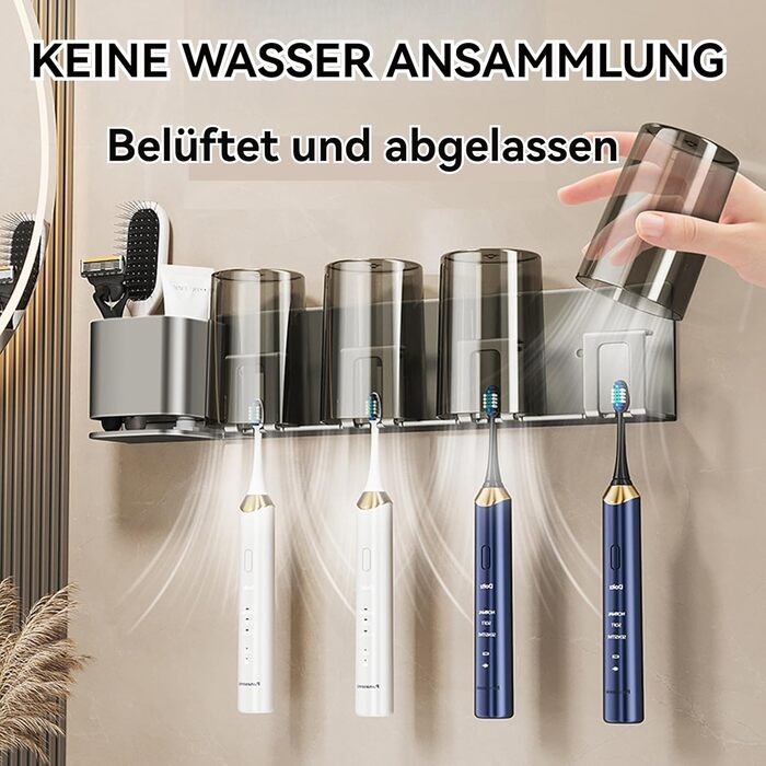 UUE Toothbrush Holder, 4 Compartments Toothbrush Holder Electric Toothbrush Holder for Toothbrushes and Rinse Cups, Stainless Steel Toothbrush Holder with 4 Cups, No Drilling, Self-Adhesive, for Bathroom