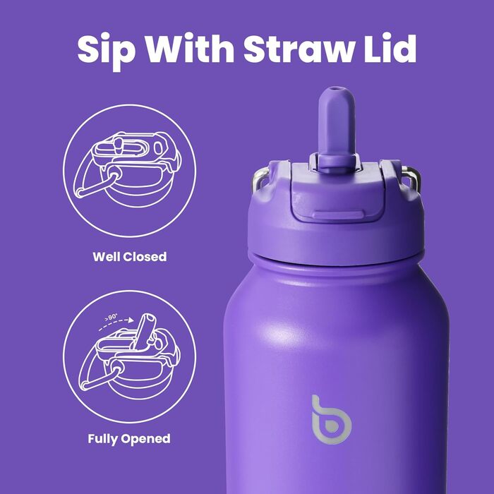 BOTTLE BOTTLE Insulated Water Bottle with Straw, Sport Stainless Steel Water Bottle with Grip Lid, Outdoor Sports Bottle for Pills, 1L (White) (Violet)
