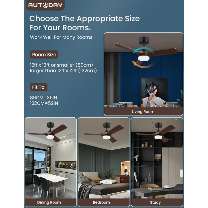 Дерев'яний стельовий вентилятор з підсвіткою, тихий DC-двигун, 90 см, для вулиці, 3 лопаті, диммування LED 24W, пульт з пам'яттю, 6 швидкостей, таймер, текстурована деревина