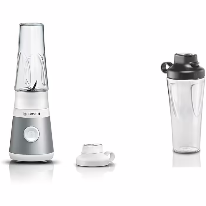 Bosch VitaPower Series 2 Stand Mixer MMB2111T, Mini Highspeed Mixer, up to 40,000 rpm, 450 W, silver & Bosch ToGo Bottle MMZBT01B, Smoothie ToGo Bottle 0.6 L, shatterproof, robust Silver / White Bundle with ToGo Bottle