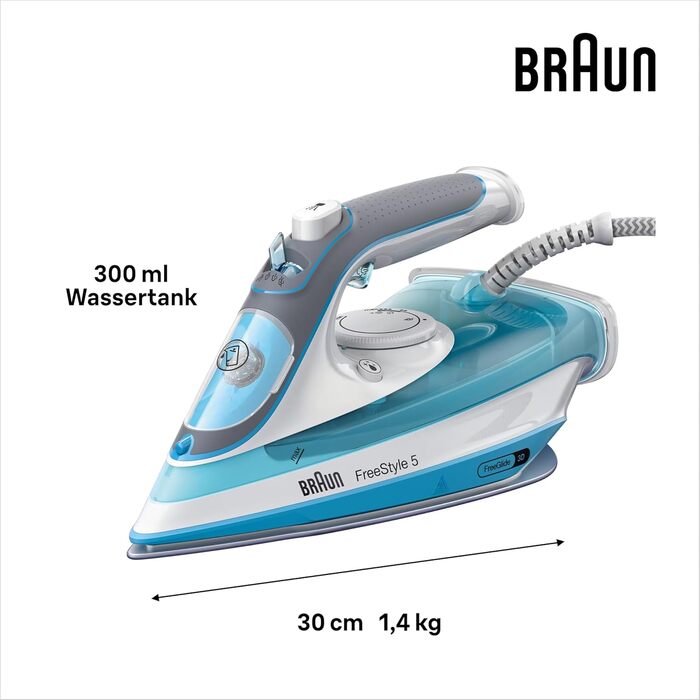 Відпарювач Braun FreeStyle 5 SI 5037 VI - потужний праска з підошвою Freeglide 3D, вертикальним відпарюванням, 2700 Вт, 200 г/хв, резервуар 330 мл (блакитний)
