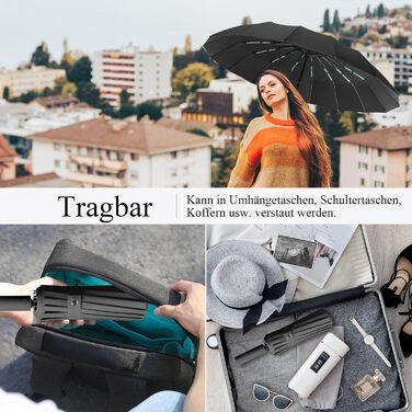 Стійкий до вітру парасолька: компактний автоматичний парасолька великого розміру з 16 ребрами, тефлонове покриття 210T, анти-UV, чорний