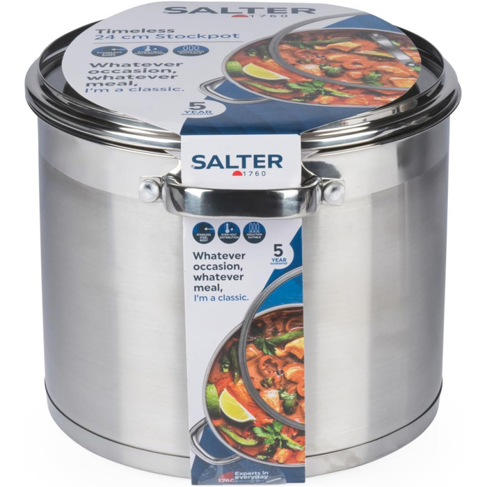 Пароварка Salter Timeless 3-рівнева – 18 см, нержавіюча сталь, 9 літрів, з антипригарним покриттям та скляною кришкою, для індукційних плит