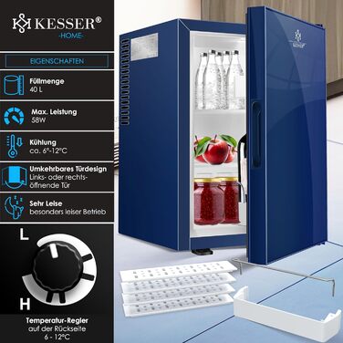 Міні-холодильник KESSER® Minibar 40L з дверцятами з прозорого скла, Navy Blue - ідеальний для кемпінгу, офісу, спальні, готелю, кухні. Безшумний, з можливістю зміни дверцят та внутрішнім освітленням, з відкривачем для пляшок.