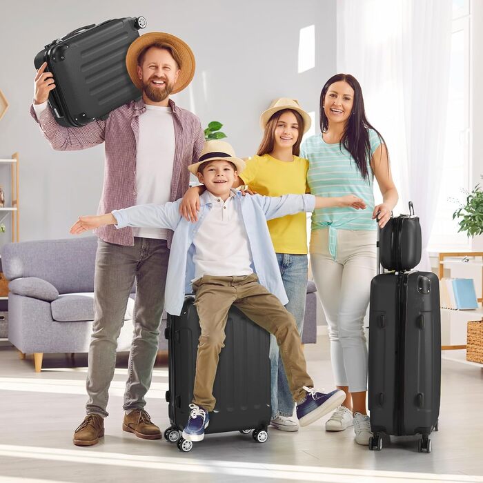 Набір валіз LALAHO 3/4: Чотири валізи з ABS-пластику, косметичка, ручна поклажа, захист кутів (Рожеве золото-3)