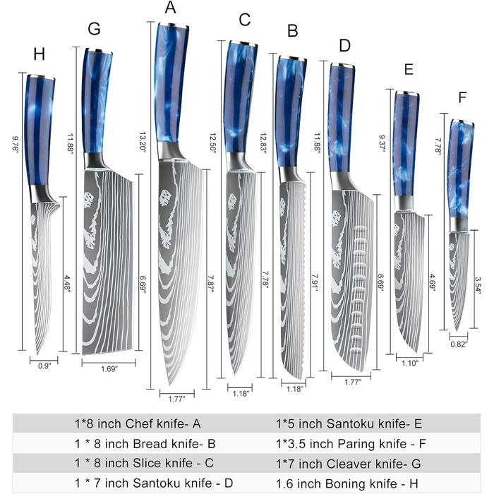 Набір кухонних ножів Dfito, 8 предметів, професійний, з роллю, з високоякісної нержавіючої сталі, синій руків'я