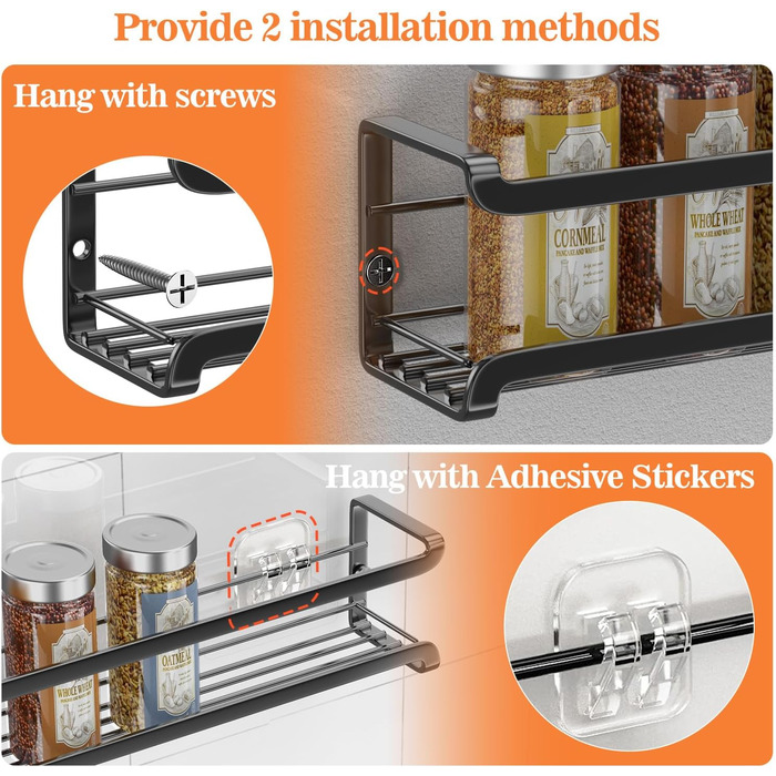 Стильна підставка для спецій на 4 відділення з металу, чорна, самоклеюча, без свердління, для кухонної шафи та дверей