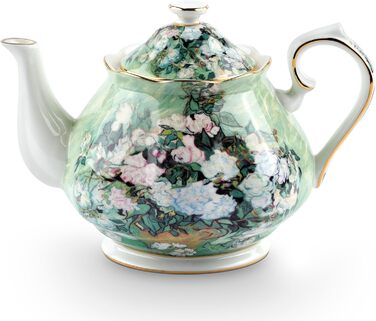 Порцелянова чайник з кістяної порцеляни 1 л Vintage Floral, біла троянда, для чаю та кави, подарунок для чайної вечірки
