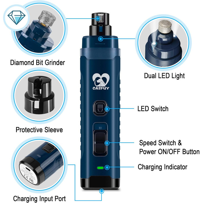 Електричний точило для собак Casfuy з LED-підсвічуванням, 4.8V, 2 швидкості, для середніх порід, тихе, перезаряджуване, navy