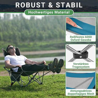 Кемпінговий стілець-шезлонг WEJOY 2-в-1: складаний стілець для пляжу та відпочинку з регульованою спинкою, підставкою для ніг, тримачем для напоїв, сірий/блакитний