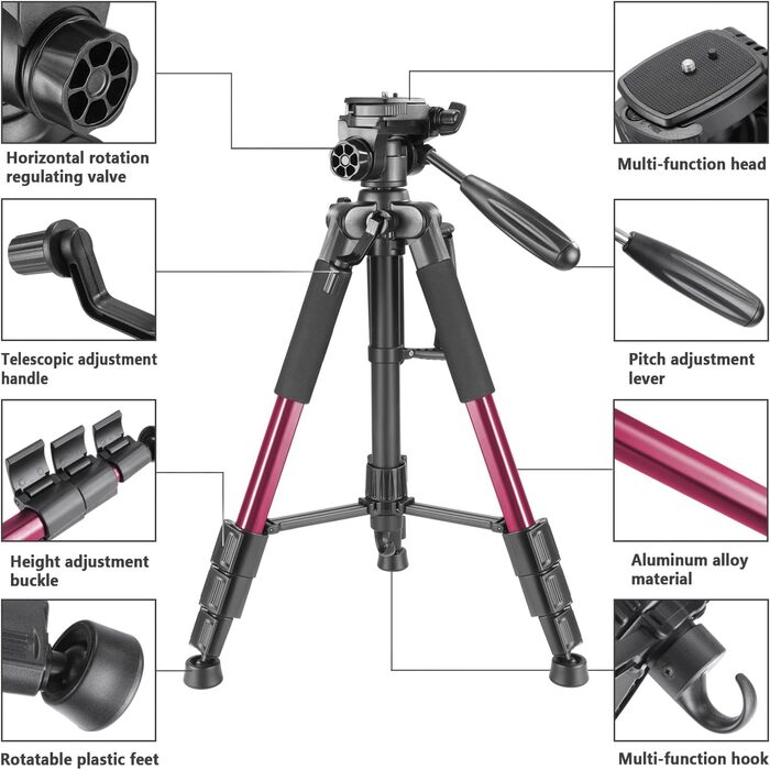Штатив для камери Neewer 142 см з алюмінієвого сплаву, з кульковою головкою, для Canon, Nikon, Sony DSLR, DV, відеокамер, до 4 кг (SAB234), червоний