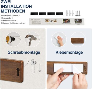 ENOKING Magnetic Knife Rail 40 cm, Magnetic Knife Block without Knives, Magnetic Knife Holder made of Acacia Wood with 4 Hooks