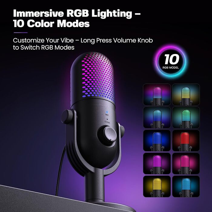 USB Мікрофон для ПК, Gaming RGB Zubehör PS4/PS5: Студійний мікрофон з регулюванням гучності, ехо та кнопкою вимкнення звуку для YouTube, Streaming, Подкастів, Windows/Mac
