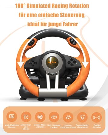 PXN V3 Pro - Геймерське кермо з педалями, 180°, вібрація, перемикач передач, paddle shift, для PC, PS4, PS3, Xbox, N Switch (Orange)