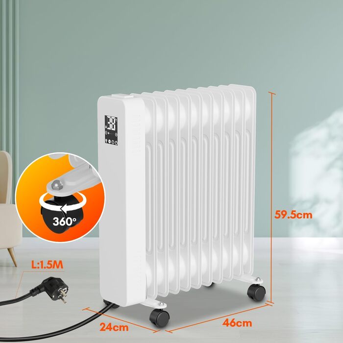 Масляний радіатор Sonnewelt 2500W з WiFi, 11 ребер, термостат, 3 режими, цифровий дисплей, захист від перегріву, чорний