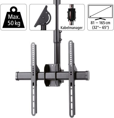 Hama TV Ceiling Mount - Adjustable, Tilting, Swivel, Foldable - Fits TVs 19-65 Inch - Black (Single)