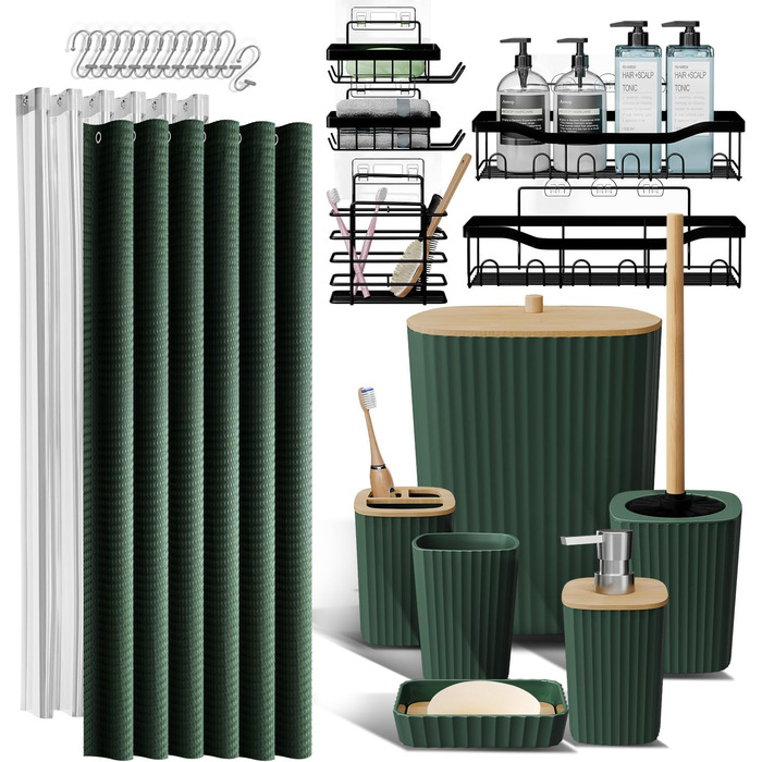 Набір аксесуарів для ванної кімнати 25 предметів: душова полиця, органайзер, зелений душовий завіс, WC-щітка, відро, дозатор мила