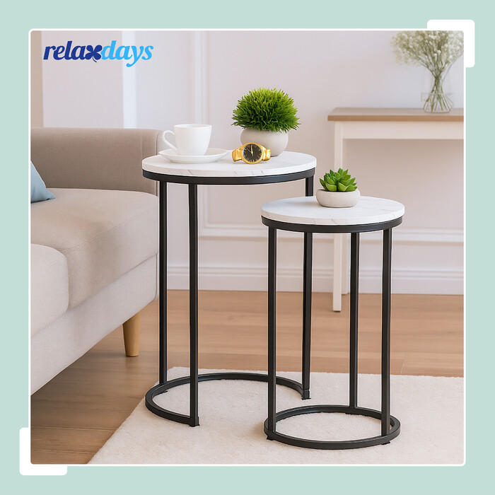Relaxdays Side Table Set of 2, Marble Look & Metal