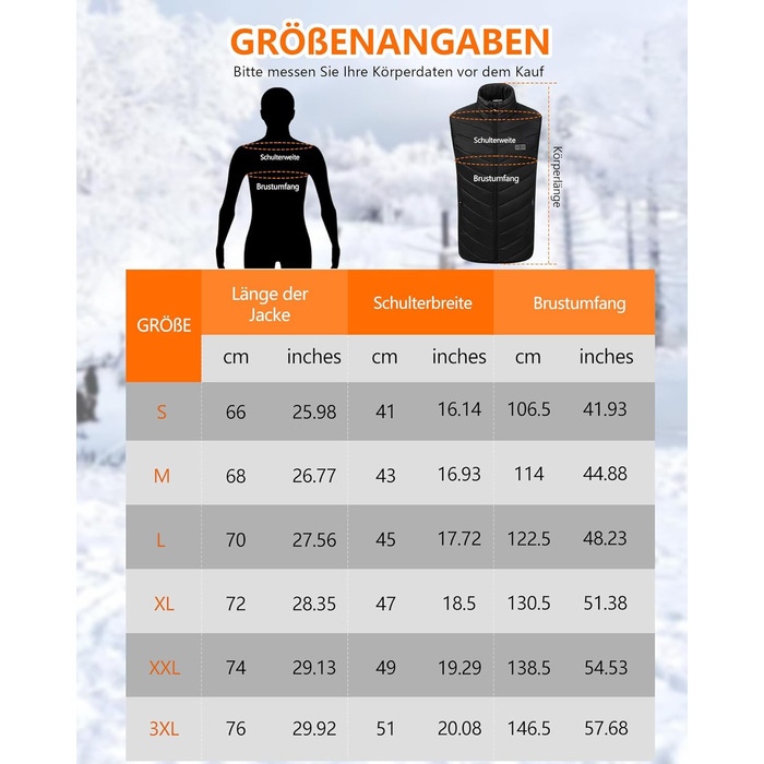 Гріюча жилетка для чоловіків та жінок з акумулятором 10000mAh, 5 зон обігріву, 3 режими температури, подвійне керування, чорна, для зимових активностей